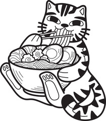 Hand Drawn striped cat eating noodles illustration in doodle style