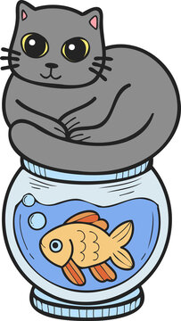 Hand Drawn cat on Fish Bowl illustration in doodle style