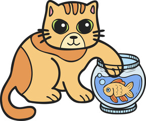 Hand Drawn striped cat playing with fish illustration in doodle style