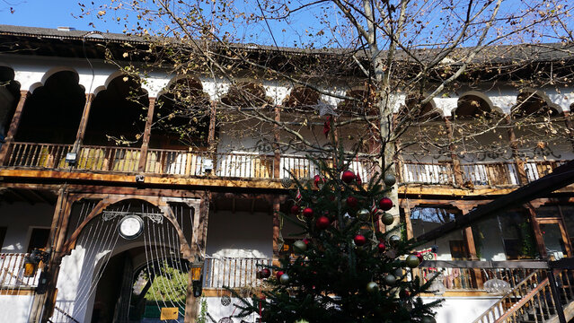 Bucharest, Romania - December 20, 2022: Restaurant Hanu lui Manuc at downtown of central Bucharest.