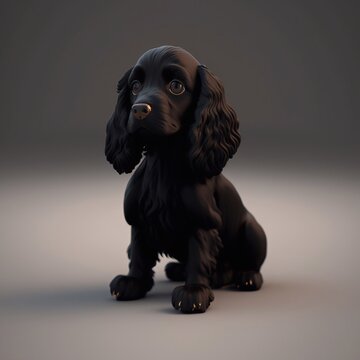 Tiny cute isometric black dog Field Spaniel, 3d illustration