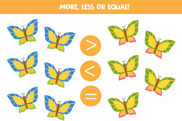 More, less, equal with cute cartoon butterflies. Math game for kids.