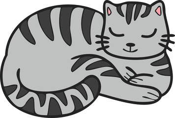 Hand Drawn sleeping striped cat illustration in doodle style