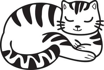 Hand Drawn sleeping striped cat illustration in doodle style