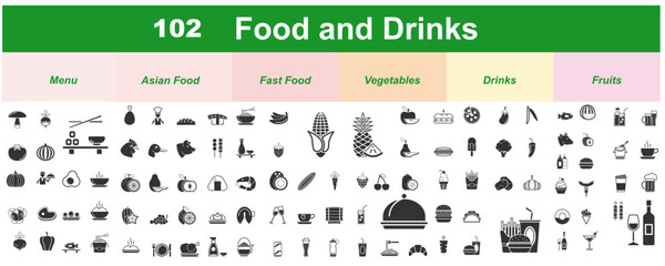Food and drink -  Restaurant menu icons. Vector illustration. line icon set with editable stroke. Outline collection of 102 symbols.