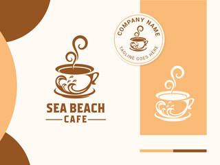 Hot coffee cup logo design with sea waves and splash