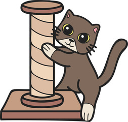 Hand Drawn cat with cat climbing pole illustration in doodle style