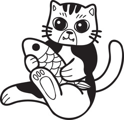 Hand Drawn striped cat eating fish illustration in doodle style