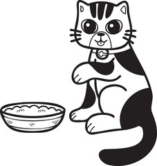 Hand Drawn striped cat eating food illustration in doodle style