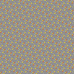 Abstract geometric pattern with white, yellow, orange, red and brown polka dots and strokes on a gray background