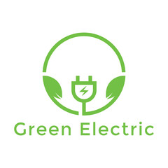 green electric plug-in inside circle with leaf vector icon logo design template for friendly natural resources