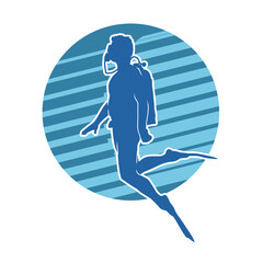 Diver vector silhouette on blue background.