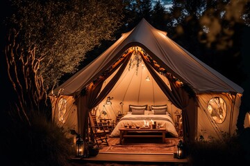 Rest place in forest, Lonely glamping tent with bonfire among green trees, Illuminated bell tent at night