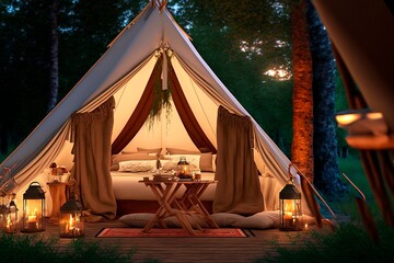 Rest place in forest, Lonely glamping tent with bonfire among green trees, Illuminated bell tent at night