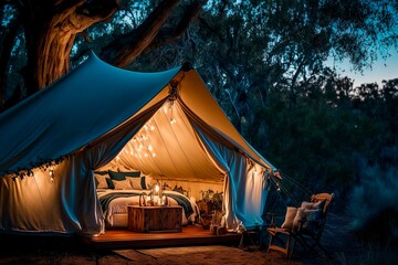 Rest place in forest, Lonely glamping tent with bonfire among green trees, Illuminated bell tent at night
