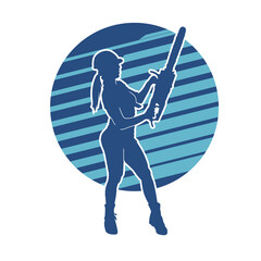 Female construction worker holding chainsaw vector silhouette on blue background.