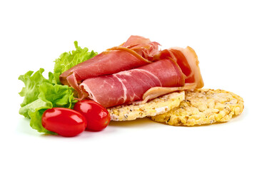 Italian prosciutto crudo or spanish jamon. Jerked meat, isolated on white background.