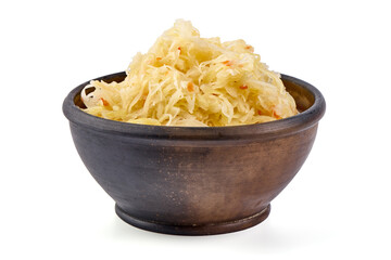 Fresh Sauerkraut from white Cabbage isolated on white Background.