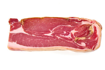 Italian prosciutto crudo or spanish jamon. Jerked meat, isolated on white background.