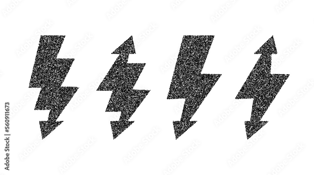 Poster grunge lightning bolt set. black noise texture thunderbolt collection. stipple flash symbols. dotted