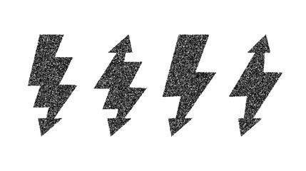 Grunge lightning bolt set. Black noise texture thunderbolt collection. Stipple flash symbols. Dotted grain lightning strike signs. Vector