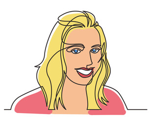 continuous line drawing smiling woman looking 3 colored - PNG image with transparent background