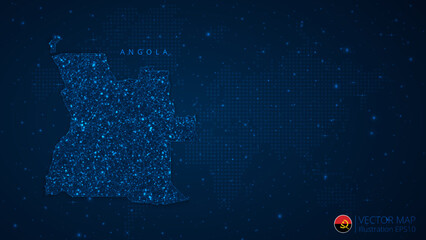 Fototapeta na wymiar Map of Angola modern design with polygonal shapes on dark blue background. Business wireframe mesh spheres from flying debris. Blue structure style vector illustration concept