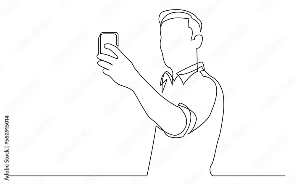 Poster continuous line drawing standing man making selfie - png image with transparent background