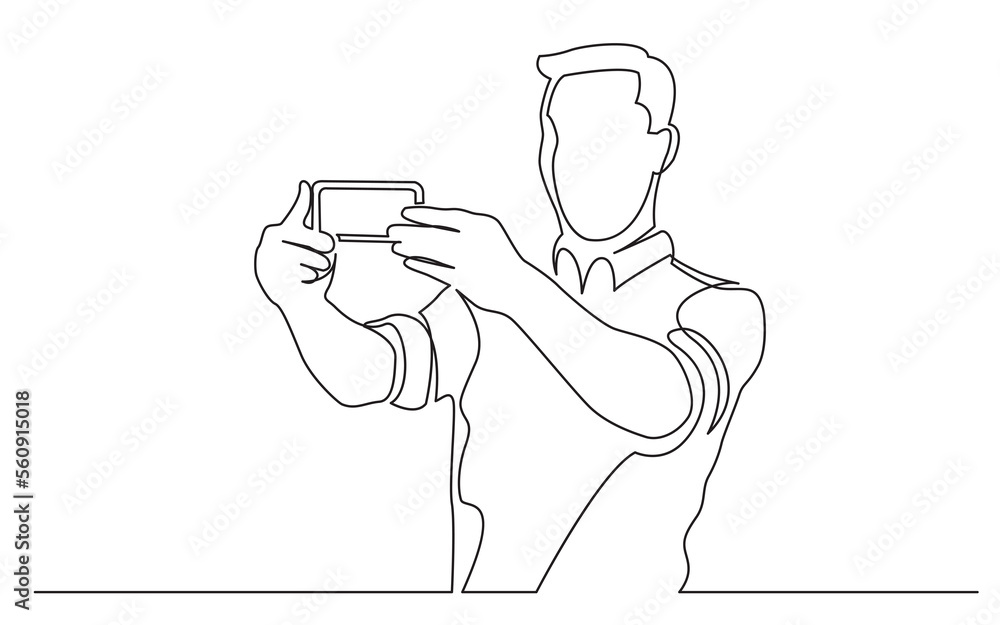 Poster continuous line drawing standing man making selfie with two hands - png image with transparent backg