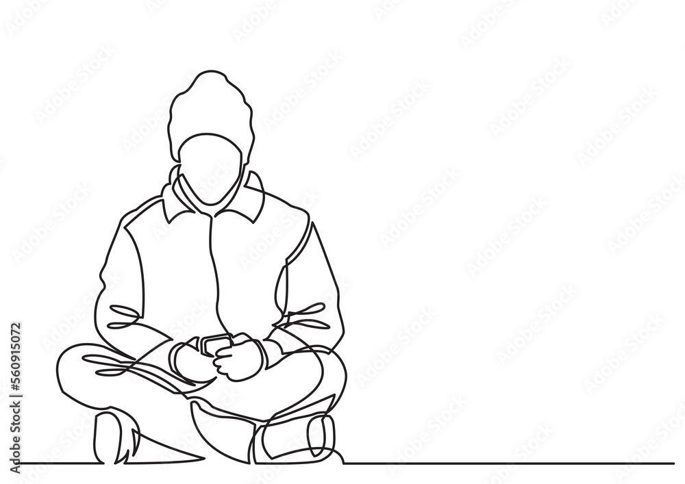 Wall mural continuous line drawing young man sitting with mobile phone - png image with transparent background