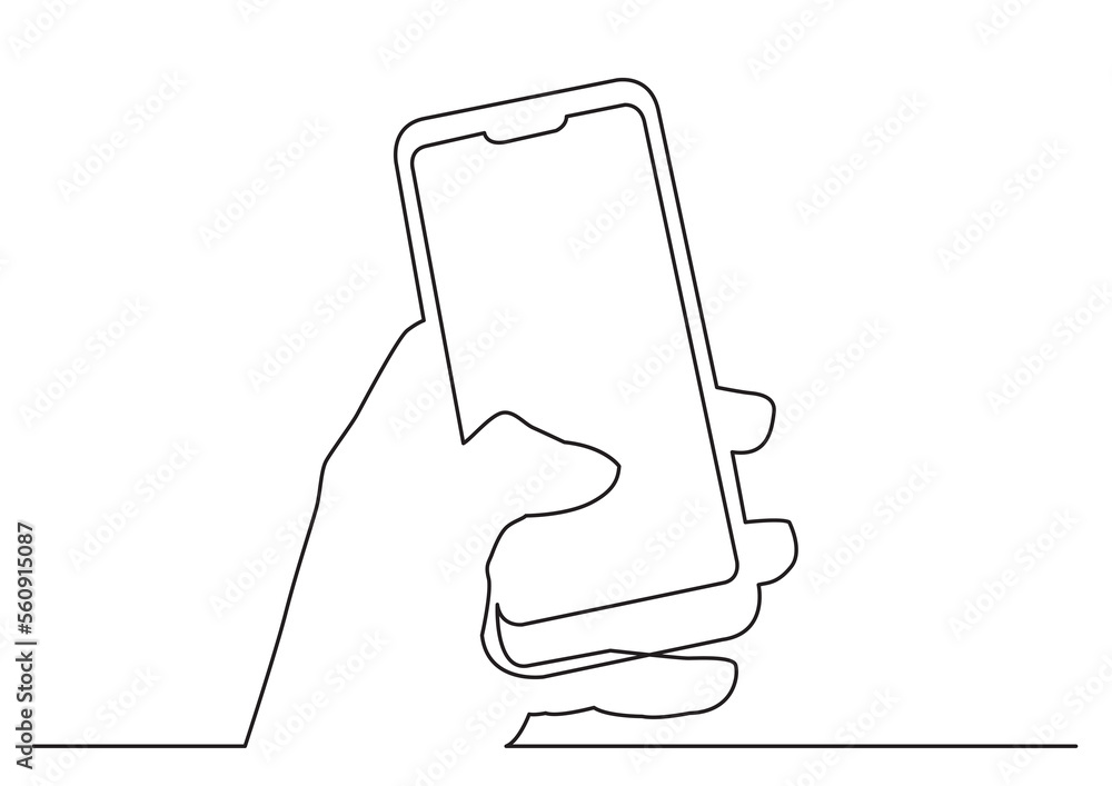 Poster continuous line isolated vector object hand holding modern smart phone - png image with transparent 