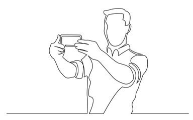 continuous line drawing standing man making selfie with two hands - PNG image with transparent background