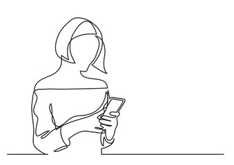 continuous line drawing teenage girl reading smartphone - PNG image with transparent background