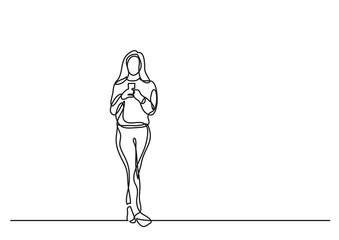 continuous line drawing woman standing reading cell phone - PNG image with transparent background