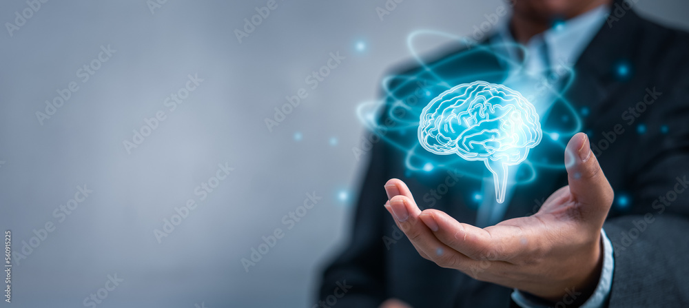 Poster hand touching brain of ai, artificial intelligence and machine learning of futuristic technology. ai