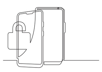 continuous line isolated vector object two modern cell phones with security lock - PNG image with transparent background