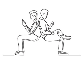 single line drawing young men browising cell phones - PNG image with transparent background