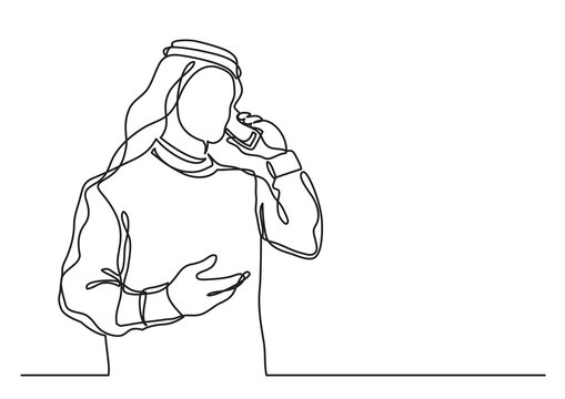 single line drawing arab businessman in keffiyeh talking on cell phone - PNG image with transparent background