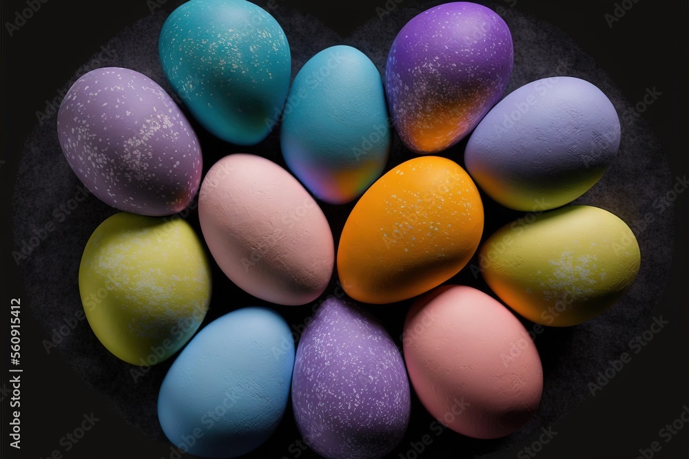 Poster a group of colorful eggs sitting in a circle on a black surface with a black background and a black 