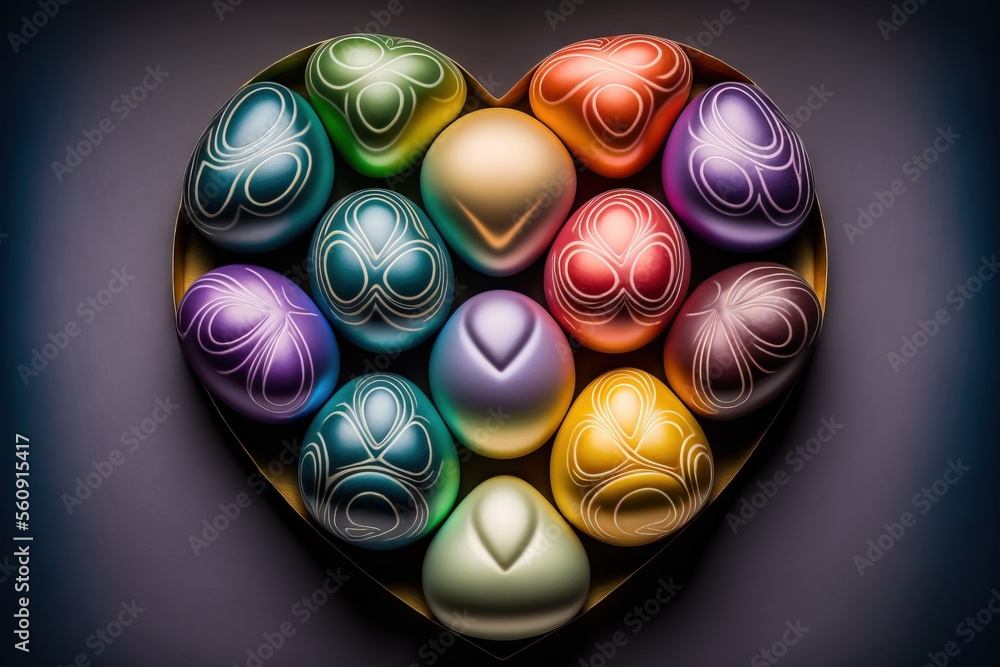Poster a heart shaped box filled with lots of different colored eggs in it's center, with a black backgroun