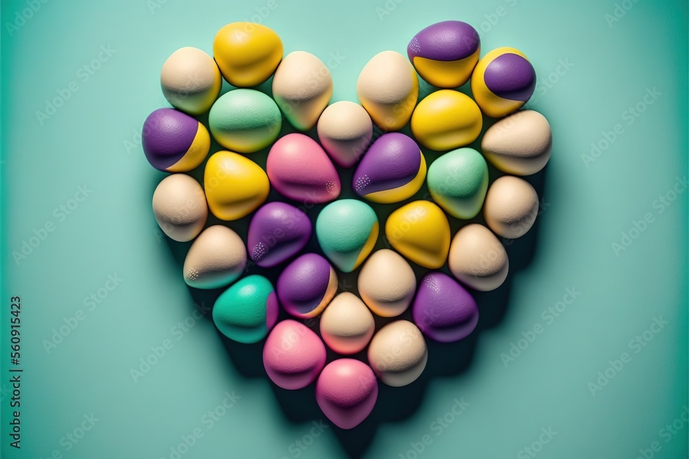 Poster a heart made of candy eggs on a blue background with a green border around it and a blue background 