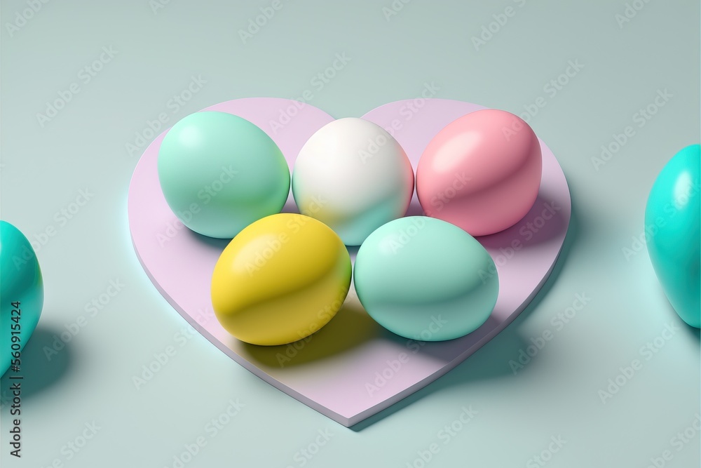 Aufkleber a heart shaped box filled with colorful eggs on a table top with a blue background and a pink heart 