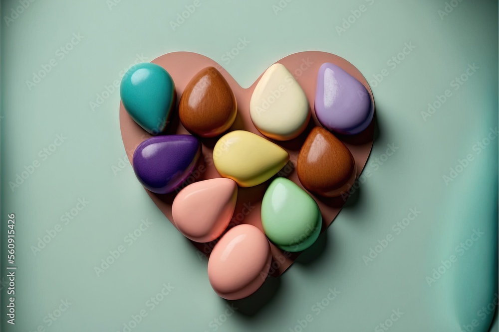 Poster a heart shaped chocolate candy with a few different colors on it's surface, with a green background 