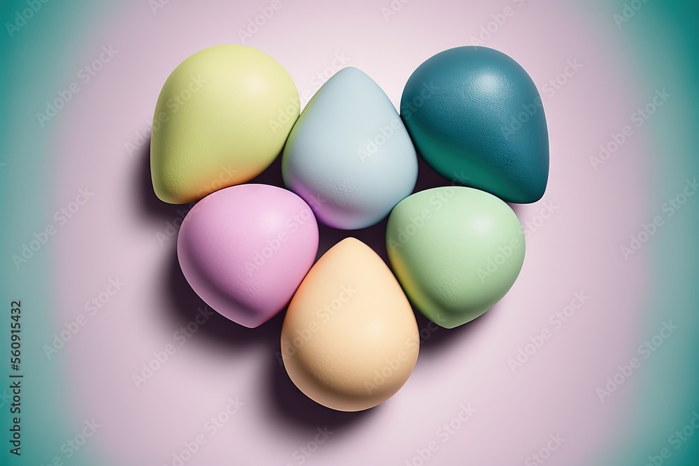 Poster a group of eggs sitting in a circle on a pink background with a blue background behind them and a gr