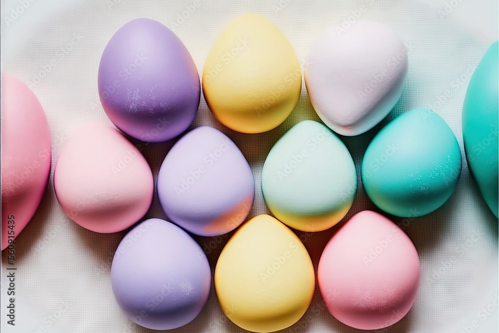 Aufkleber a group of eggs sitting on top of a white plate next to each other on a tablecloth covered tableclot