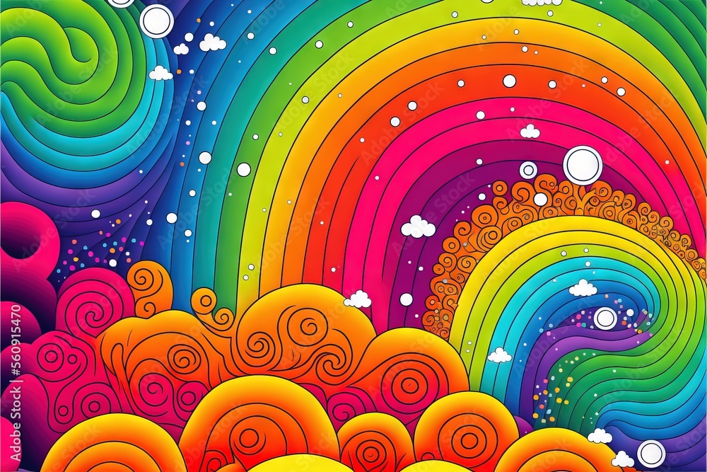Poster a painting of a rainbow with clouds and stars in the sky and a rainbow in the background with bubble