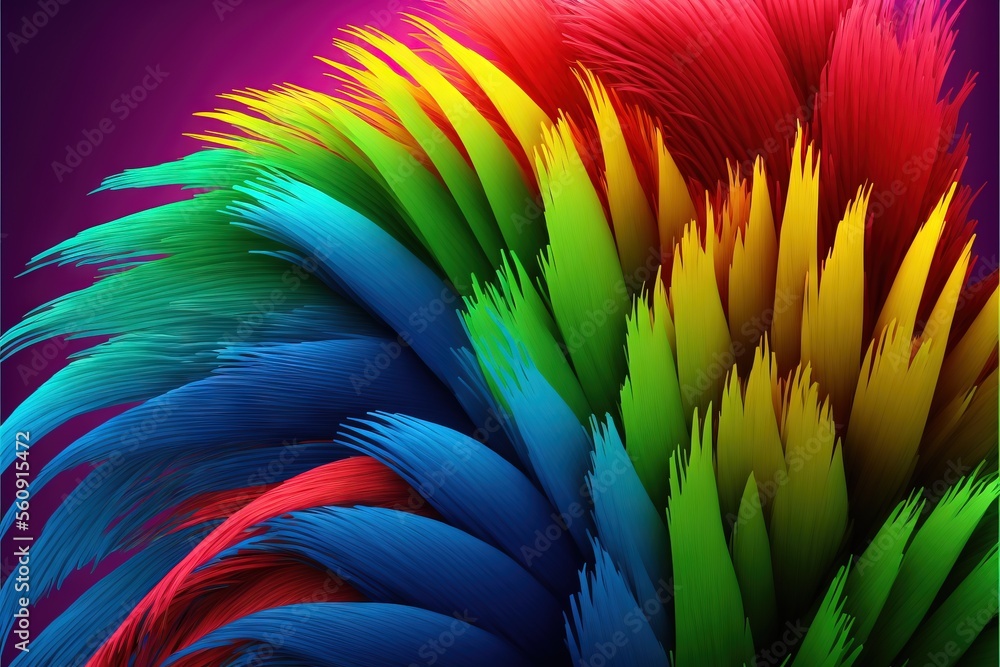 Poster a colorful background with a large amount of feathers on it's side and a black background with a red