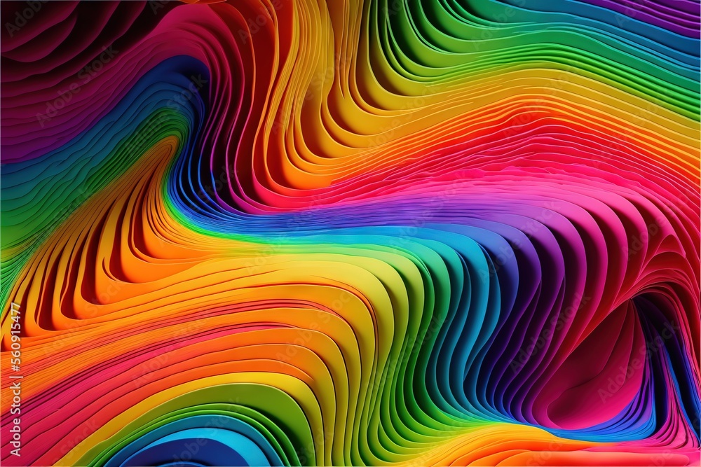 Poster  a colorful background with a wavy pattern of lines and curves in different colors of rainbows and blues, with a black border around the edges of the image and a white border at the edges.  generative