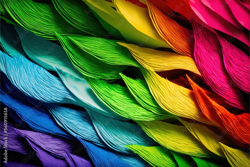 Poster a rainbow of colored feathers are arranged in a row on a wall in a store window display case, with a