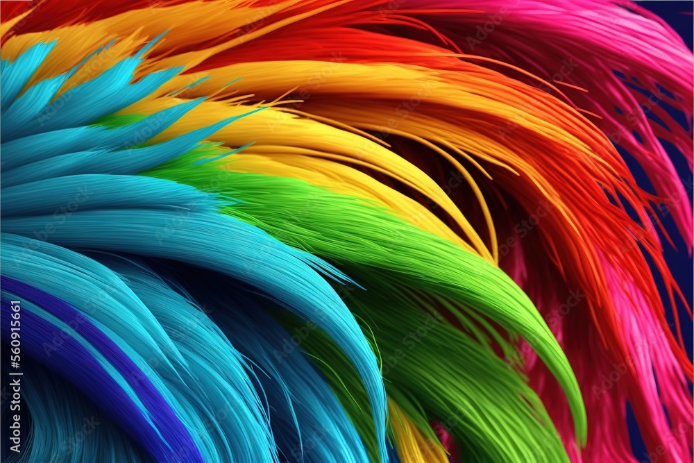 Poster a colorful background with a bunch of feathers in it's center and a blue background with a white bor